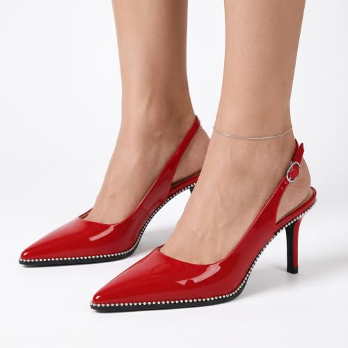 Image of YODEKS Slingback Heels for Women Pointy Toe Beaded Heels Close Toe Kitten Heel Pumps 2.5 Inch Stiletto Pumps Wedding Party Dressy Shoes
