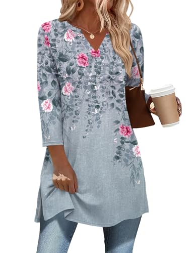Ivicoer Tunics or Tops to Wear with Leggings Plus Size Spring Clothes for Women Loose Fit Dressy V Neck Three-quarter Sleeve Tunic Top XL