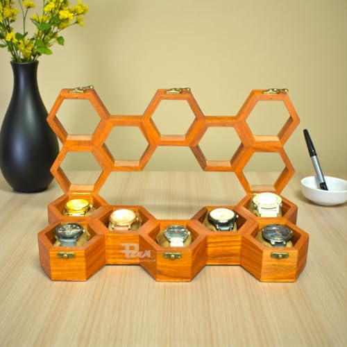 Image of Wooden Watch Box For Men & Women, 7-Slot Honeycomb Watch Organizer Case, Handmade Wooden Watch Storage Box, Unique Gift For Him & Her, Vintage Display Case,Gift For Men /Women