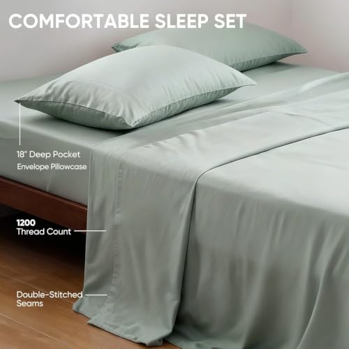 Image of TWK Real 100% Viscose Derived from Bamboo Sheets Set King Size, Cooling & Silky Soft for Hot Sleeper, Breathable & Moisture Wicking Fabric, 18 inch Deep Pocket with Corner Straps (Sea Glass, King)
