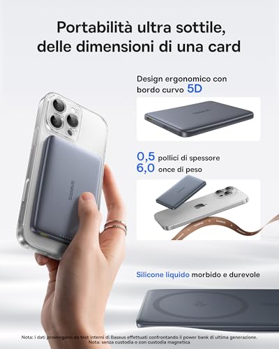 Baseus Picogo AM41 Power Bank, Ultra Slim 10000mAh Qi2 Magsafe Powerbank 15W Wireless, Ricarica Rapida PD 27W, Magnetico Batteria Esterna con cavo USB C per iPhone 17/16/15/14/13/12, Grigio Spazio - Immagine 1