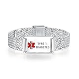 mnmoom Medical Alert Bracelets for Men & Women Adjustable Stainless Steel Mesh Type 1 Diabetes...