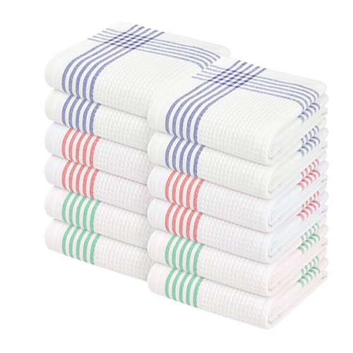 Image of Waffle White & Multi Colors Kitchen Towels Set of 12, 100% Cotton, 16x26 inches, Durable Dish Towel, Quick Dry Dishcloths, Ideal for Drying, Wiping - Indigo Blue, Red, Dark Green
