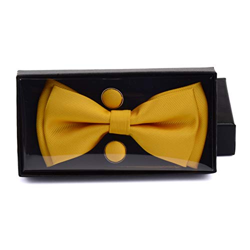 Image of GUSLESON Mens Solid Color Two Layer Pre-tied Bow Tie and Pocket Square Cufflink Set with Gift Box