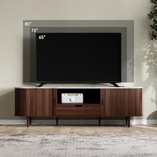 Image of DHH 71 inch Fluted TV Stand with Power Outlet for TVs up to 80 inch, TV Console with Adjustable Shelves and Sliding Door,Mid Century Modern Entertainment Center for Living Room,Bedroom (Walnut+Marble)