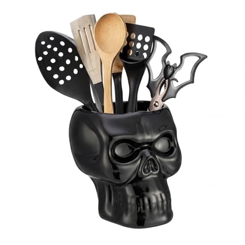 Yungyan Ceramic Skull Utensil Holder for Kitchen, Gothic Kitchen Accessories, Large Capacity Skull Skeleton Storage Pen Holder for Vanity Desk Bathroom Office Halloween Scary Party Decoration