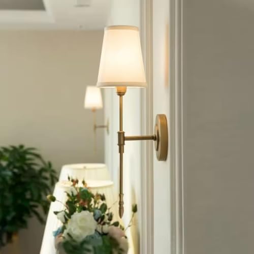Image of Wall Sconces Sets of 2, Classic Brushed Brass Sconces Wall Lighting, Hardwired Bathroom Vanity Light Fixture with Fabric Shade for Bedroom Living Room Hallway Kitchen (Bulbs Included)(Warm light)