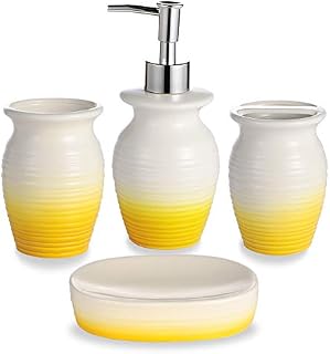 JOTOM Modern Design 4 Pieces Ceramic Bathroom Accessory Set Luxury Bath Accessories Bath Set for Bathroom Lotion Bottles,Toothbrush Holder,Tooth Mug,Soap Dish (White and Yellow)