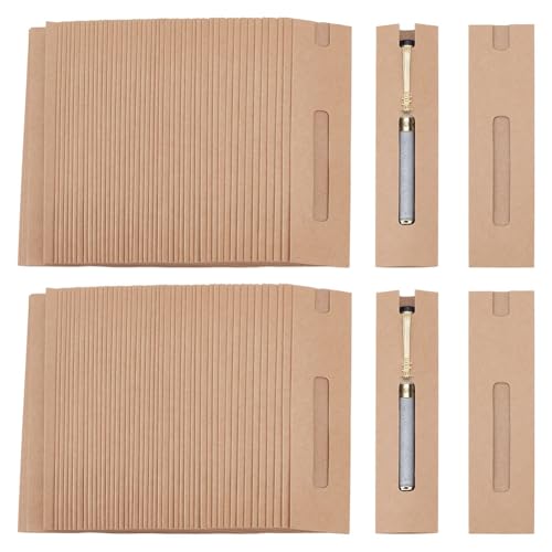 NBEADS 120 cajas de regalo para bolígrafos de papel kraft, caja de embalaje deslizante con ventana transparente para lápiz, bolígrafo, pluma estilográfica y suministros escolares de oficina, 155 x 40