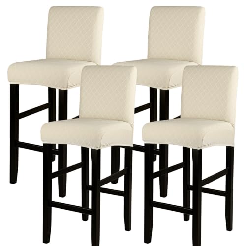 Image of SearchI Jacquard Bar Stool Covers Set of 4, Stretch Washable Barstool Seat Covers, Counter Height Chair Covers for Kitchen Dining Room Cafe (Check Jacquard Beige)