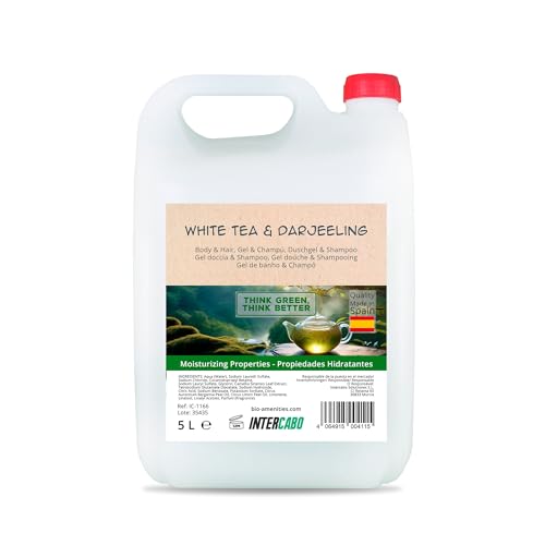 Gel de ducha y champú 2 en 1 Té Blanco y Darjeeling 5 litros - fórmula pH neutro para piel y cabello - frescor diario en hoteles, gimnasios, alojamientos y centros colectivos - Intercabo