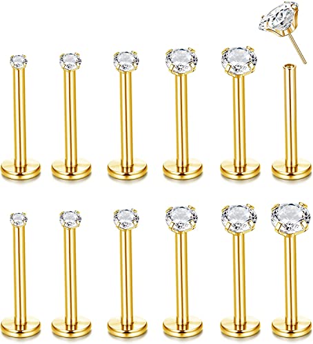 Adramata 12Pcs Goujons à Lèvres 16G Acier Inoxydable Tragus Helix Conch Cartilage Piercings Clear Cubic Zirconia Labret Monroe Lip Piercing Bijoux pour Femmes Hommes 6/8mm,G6