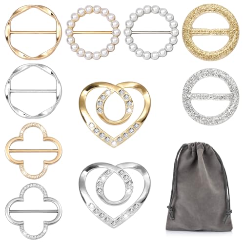 10 Pcs T-shirt Tie Clips, Silk Scarf Ring Clip for Women Fashion Metal Round Circle Clip, Clothes Corner Knotted Button Shirt Buckle with 1 Storage Bag