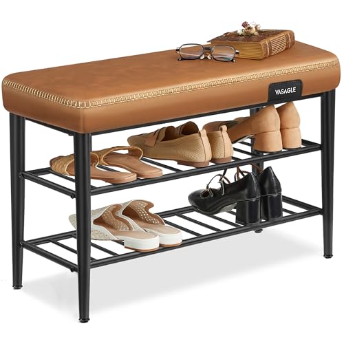 VASAGLE EKHO Collection – Shoe Rack Bench, Storage Bench for Entryway, Synthetic Leather with Stitching, Mid-Century Modern, Loads 300 lb, 11.8 x 31.5 x 19.7 Inches, Caramel Brown ULSB054K01