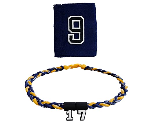 Sports Farm - Customized Sport Wristband and Necklace Combo Set with Jersey Number - Navy Blue (Navy Yellow)