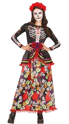 FIESTAS GUIRCA Disfraz de Catrina - Vestido Largo con Estampado Calaveras y Diadema con Flores para Mujer Adulta Talla L 42-44