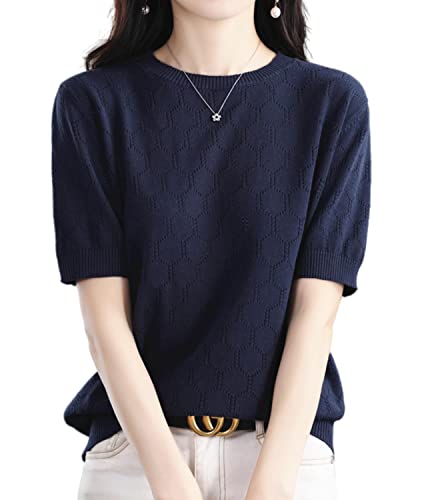 Image of Summer Hollow Out T-Shirt Women's Short Sleeve Sweater Cotton Knitted O-Neck Lightweight Pointelle Breathable Tops