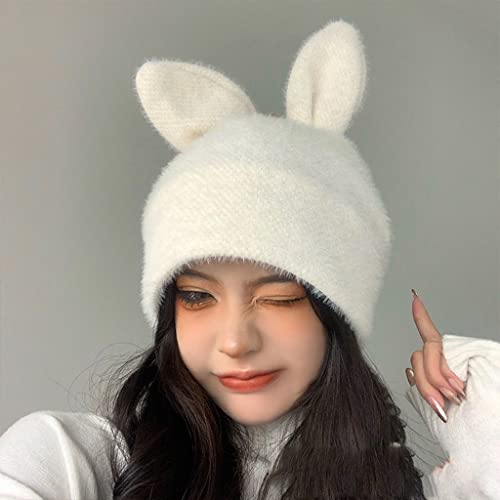 3D Rabbit Ears Beanie Hats Bunny Crochet Cap Cute Plush Winter Hat For Women Girls (White) #TOP4