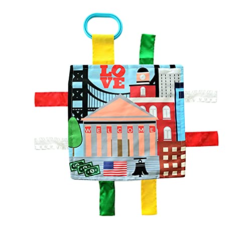 Image of Baby Jack & Co 8x8” Learning Lovey Philadelphia Pennsylvania Tag Toys for Babies - Baby Crinkle Toys - Soft & Safe - Learn USA Cities and Shapes - Ideal Baby Toy & Gift BPA Free w/Stroller Clip
