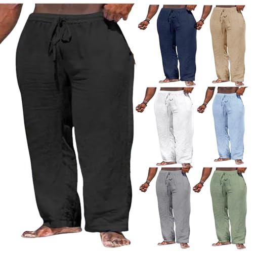 Linen Pants for Men Elastic Waist Drawstring Straight Leg Casual Pants Summer Loose Lightweight Yoga Beach Pants3