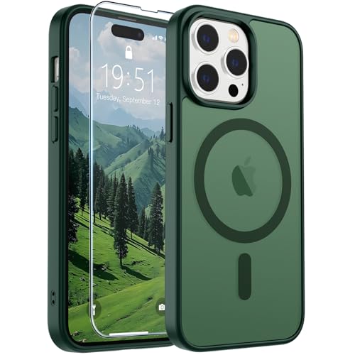 Image of SUPFINE Magnetic for iPhone 14 Pro Max Case(Compatible with MagSafe)(Military Grade Drop Protection) Slim Translucent Matte Shockproof with Anti-Fingerprint Phone Case,Forest Green