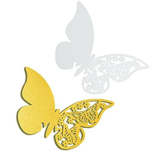 50 Pièces Carte de Verre Marque Place, Carte Marque Place Papillon, Carte de Placement de Table, Beau Motif Creux, pour Table à Manger, Mariage, Fête et Décoration de la Maison (Blanc et Jaune)
