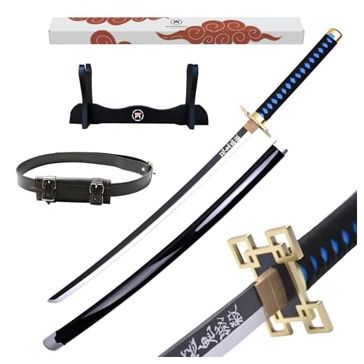 Hashiman - Katana Demon Réplique Manga Sabre + Support Epée Bois + Ceinture - Catana Japonais Cosplay Décoration Jouet Enfant Adulte - Jeu Déguisement Deco Ninja (Muichiro Tokito)