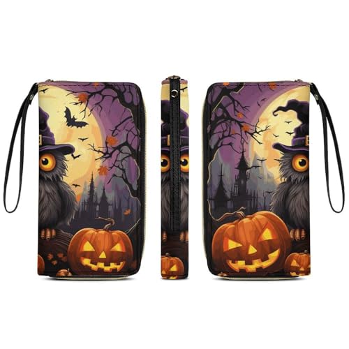 Halloween Owl Ghost Pumpkin Leather Wallet Smooth Zip Around Clutch Wristlet Travel Long Soft Purse for Women3