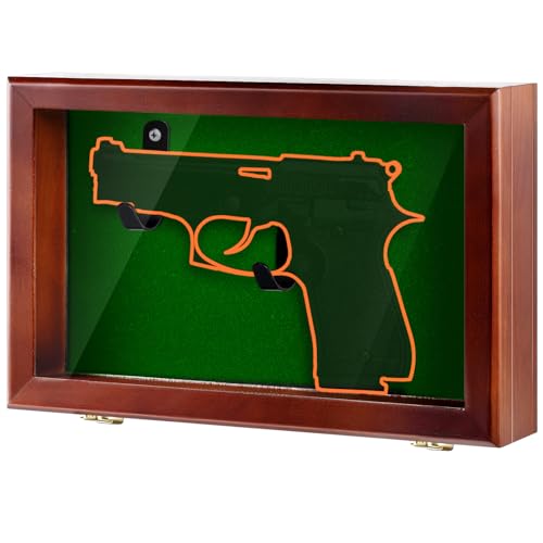 Silipull Gun Display Case with Lock Wall Mount Wooden Pistol Display Case W/ 98% UV Protection Acrylic Clear Door Gun Shadow Box Stand Rack Holder for Collection(Reddish Brown 1gun Displaycase)