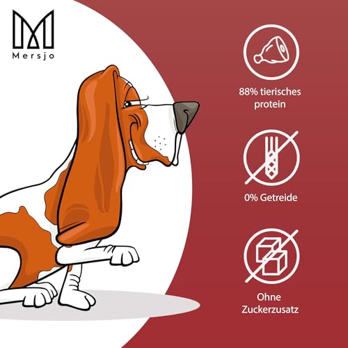 MERSJO Hundeleckerli - 88% Hoher Fleischanteil, Keine Zusatzstoffe, Getreide- und Zuckerfrei, Leckereien für Hunde zur täglichen Ergänzung, Natürliche Kauhilfe, Weiche Hühnerstreifen, 500g