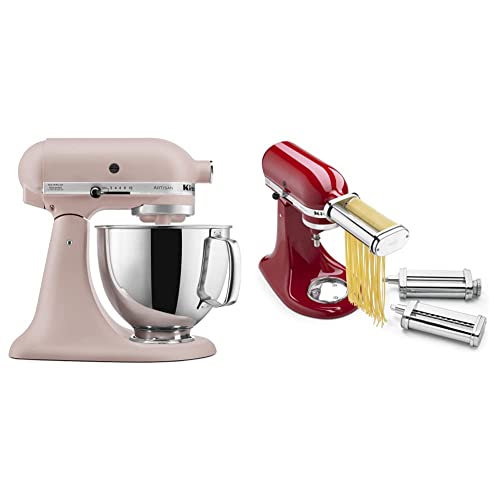 KitchenAid Artisan Series 5 Quart Tilt-Head Stand Mixer (Feather Pink, KSM150PSFT) + 3-Piece Pasta Roller & Cutter Set