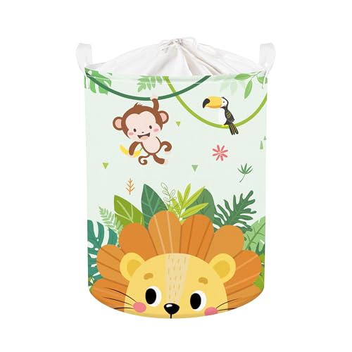 Clastyle 45L Large Green Jungle Lion Kid Laundry Hamper with Handle Collapsible Monkey Bird Clothes Toy Storage Basket with Lid for Nursery