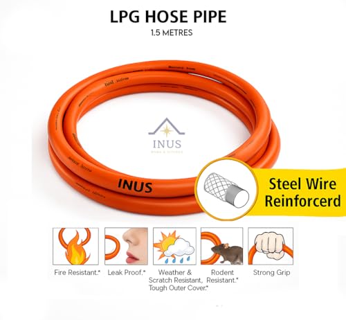 Image of INUS Ready to Use Reinforced LPG Rubber Hose PipeLeak Proof, Made with Reinforced Steel Wire Flame Resistant Design Perfect for Gas Stove with Durable Clamp 1.5m