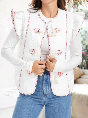 HOULENGS Women's Flutter Sleeve Printed Puffer Vest Sleeveless Quilted Jackets Button Down Padded Gilet Coats with Pockets4