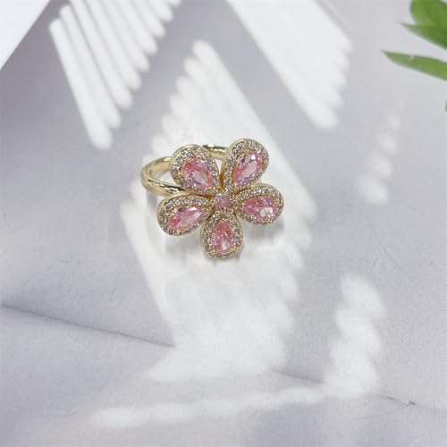 Dainty Pink CZ Flower Adjustable Open Rings for Women Sparkly Crystal Cubic Zirconia Floral 18k Gold Plated Statement Finger Band Engagement Promise Ring Comfort Fit Trendy Jewelry3