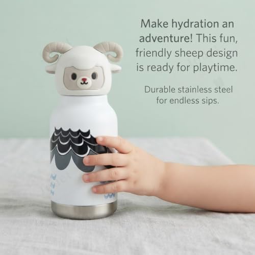 Image of JOUET Kids Stainless Steel Water Bottle 280ml with Cute Sheep Character Lid, White Leakproof Drinking Bottle for School, Travel & Daily Use