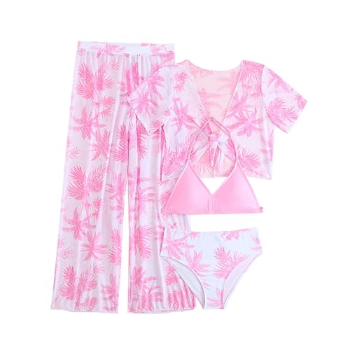 Girls 4 Piece 𝐇awaiian Tankini Sets Floral Bikini Swimwear & Sun 𝐏rotection Cover Up Crop Top & Pants Swimsuit