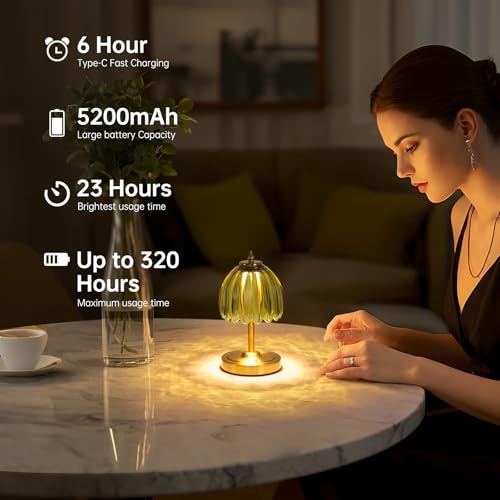 Image of Shenmoyl Set of 2 Tulip Table Lamp with 5200mAh Battery & Touch Control, Cordless Small Table Lamp with 3 Colors, Rechargeable Battery Operated Table Lamps for Nightstand, Bedroom (Green Tulip)