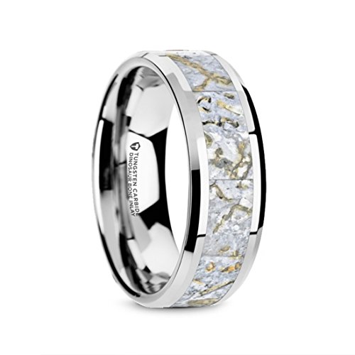 Mesozoic White Dinosaur Bone Inlaid Tungsten Carbide Beveled Edged Ring 8Mm Wide Wedding Band With Custom Inside Engraved Personalized #TOP20