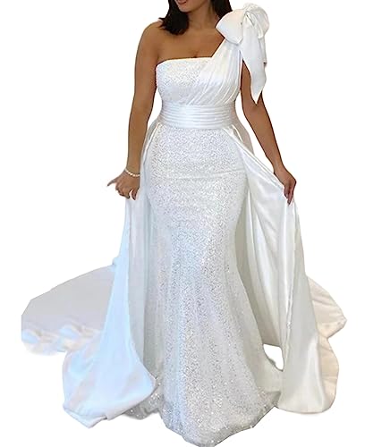 Lyhias One Shoulder Sparkle Mermaid Wedding Dress for Women Strapless Sequins Bridal Gowns with Court Train JD007