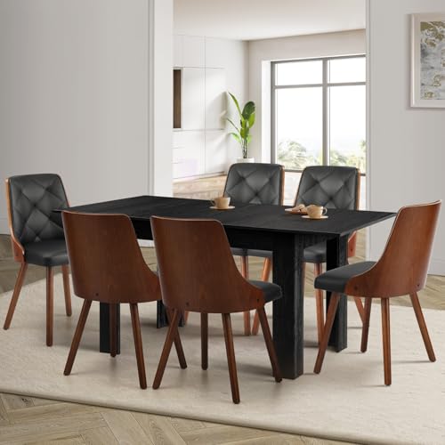 Oikiture Dining Table and Chair Sets of 6 160cm Extendable Dining Table and 6PCS Kitchen Chairs PU Leather Black