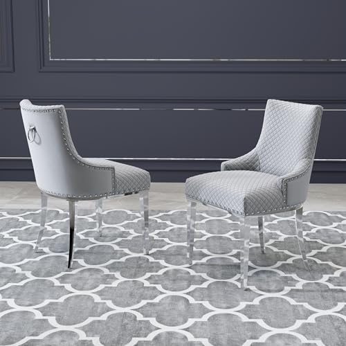 AUZ Grey and Silver Dining Chairs, Glam Grey Velvet Dining Chairs Set of 2, Heavy Duty Dining Room Chairs with Mirrored Silver Stainless Steel Legs