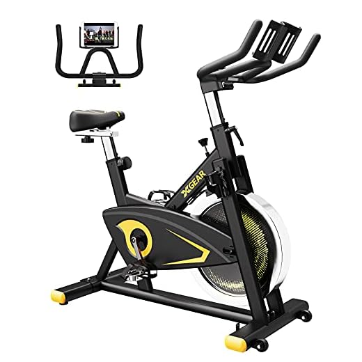 XGEAR Exercise Bike with Tablet Holder, Magnetic Resistant Spin Bike, Belt Drive Indoor Cycling Bike, Heavy Chromed Flywheel, App Recorder for Home Cardio Workout Aerobic Training