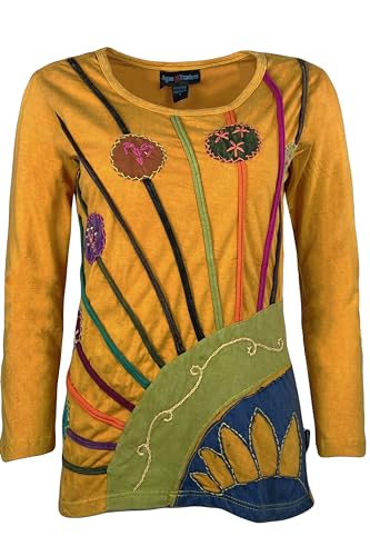 Agan Traders Women's 2026 Winter Boho Light Knit Cotton Tops - Patched Stem Floral Printed Long Sleeve Top Blouses for Women (232, L=M, Ye) Yellow Gold