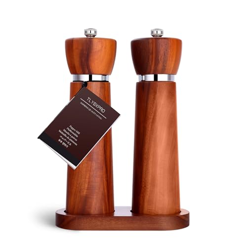 TLYSXPRO Wooden Salt and Pepper Grinder Set – Refillable Salt and Pepper Mill with Adjustable Upgraded Large Size Ceramic Burr – Manual Pepper Grinder with Acacia Wood Body – 8.3” Tall