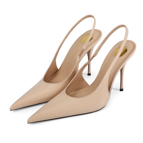 USRUNOE Womens Slingback High Heel Pumps Pointed Toe Patent Leather