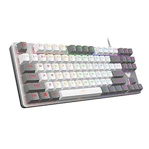 AULA F3287 Wired TKL Rainbow Mechanical Gaming Keyboard, 80% Compact Tenkeyless 87 Keys Layout w/Tactile Blue Switches, White & Grey Mixed-Color Keycaps, Programmable Macro Keys