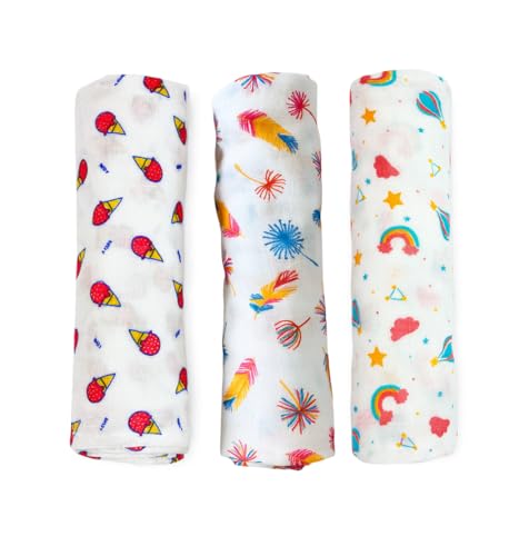 Image of Swaddle for Babies -100% Muslin Cotton Soft Swaddle /Blanket /Multipurpose Wrap for New Born Baby Girl & Boy | Perfect for Gifting | 100 x 100 cm | 0-6 Months, Set of 3, (Print 1)
