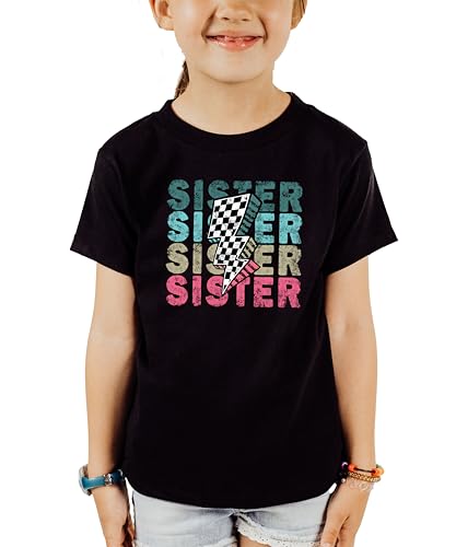 Trendy Sister Shirt for Girls Checkered Lightning Bolt Graphic T-Shirt4