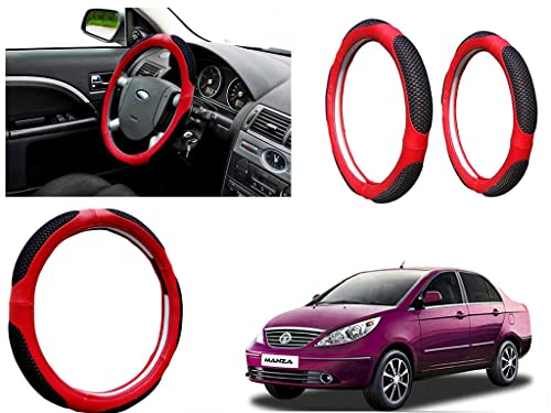 Image of Microfiber Car Steering Wheel Cover, Soft Padding Great Hand Feel, Anti-Slip, Faux Leather Steering Cover for Tata Manza | Black Red Jali - Pack of 1